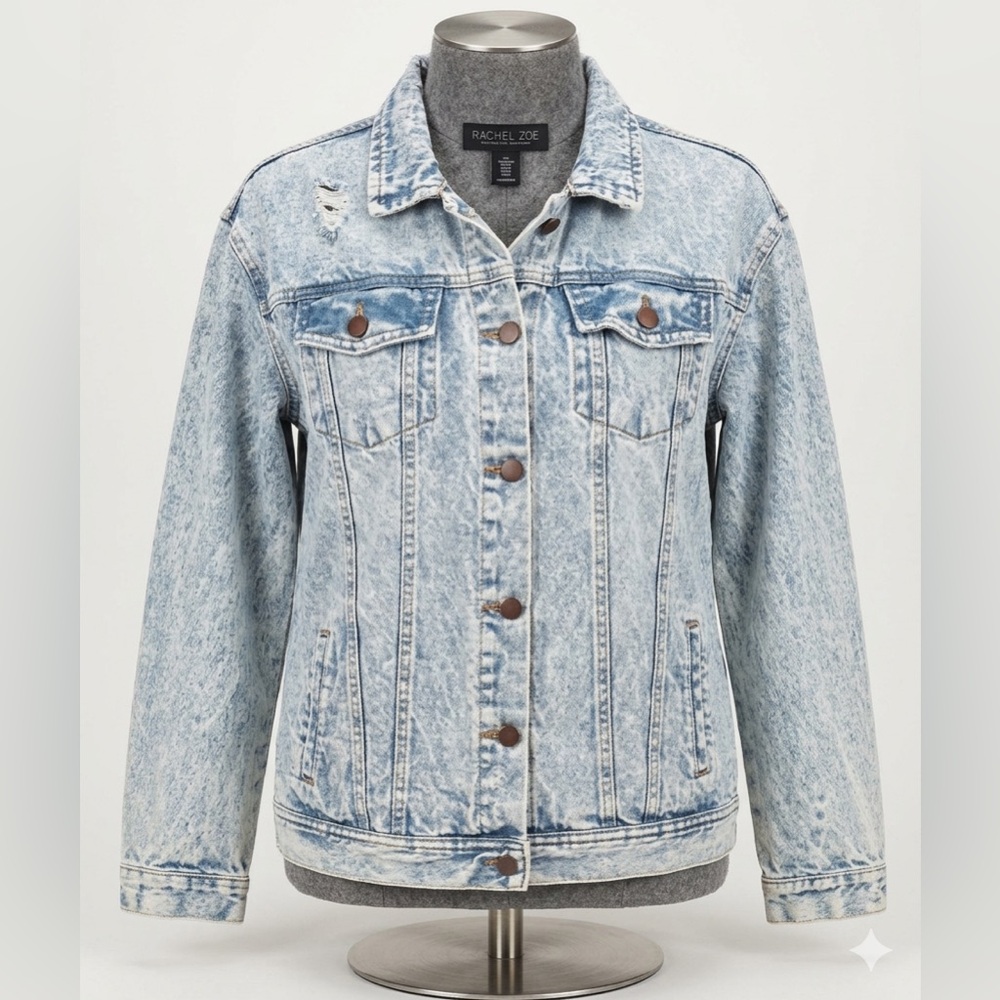 Rachel Zoe Distressed Light Blue Denim Classic Style Jacket Medium PTP 20-22”